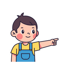Cute cartoon boy pointing to the side with a happy expression, isolated on white background.