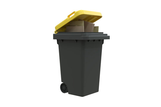 poubelle jaune de tri s&eacute;lectif pour le carton et les emballage - rendu 3D sur fond transparent
