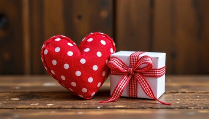 Red Polka Dot Heart Plush and Gift Box with Ribbon on Wooden Background for Valentine's Day or Romantic Occasion