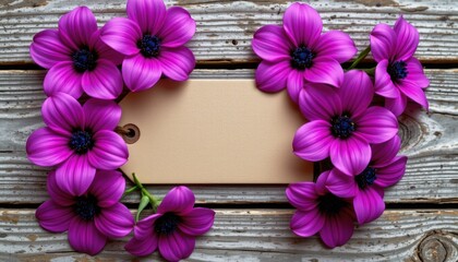 Elegant Arrangement of Vibrant Purple Flowers Surrounding a Blank Label on Rustic Wooden Background