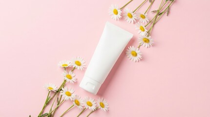 White blank cosmetic tube mockup is positioned diagonally amidst fresh daisy flowers on a soft pastel pink background with bright studio lighting.