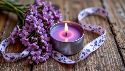 Beautiful purple candle surrounded by fresh flowers and decorative ribbon on rustic wooden table