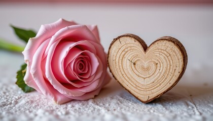 Pink Rose Flower Next to Wooden Heart Shaped Decoration on Soft White Background for Romantic Themes and Love Concepts