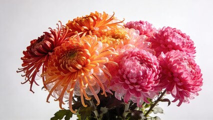 A vibrant bouquet of pink, orange, and red spider chrysanthemums is showcased in a tight arrangement against a white background with dramatic backlighting.