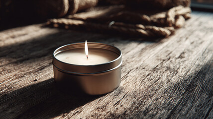 Candle tin mockup on wooden table