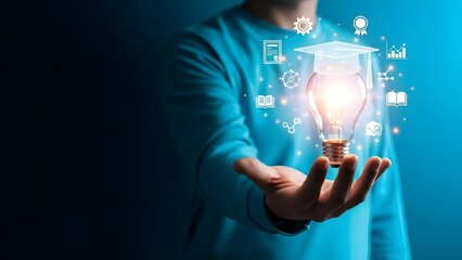 Unlocking Knowledge Hand Holding a Glowing Lightbulb with Graduation Cap, Representing Innovative Learning and Digital Education Concepts