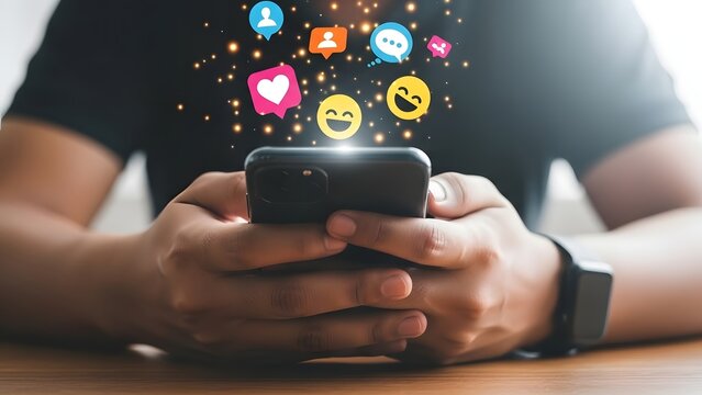 Person using a mobile phone with social media icons floating above