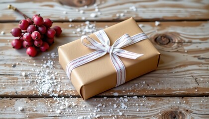 Elegant gift box with ribbon on rustic wooden table adorned with winter berries and snow-like decoration