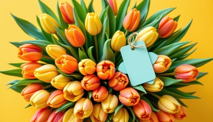 Colorful Tulips Arrangement with Tag on Bright Yellow Background for Spring Celebrations and Floral Gifts