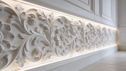 Elaborate white plaster floral bas-relief moulding accentuated by hidden LED strip lighting on a luxurious interior wall with warm, dramatic illumination.