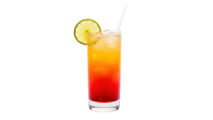 Colorful Tequila Sunrise cocktail isolated PNG on transparent background, refreshing mixed drink with grenadine, orange juice and tequila