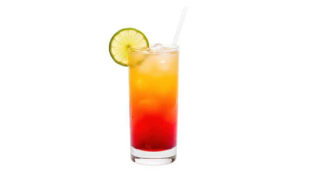 Colorful Tequila Sunrise cocktail isolated PNG on transparent background, refreshing mixed drink with grenadine, orange juice and tequila