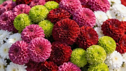 Vibrant multi-colored chrysanthemums blooming abundantly in a bright outdoor garden with cheerful natural sunlight.