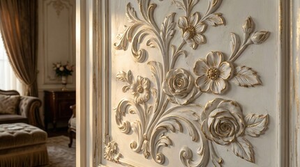 Ornate white floral bas-relief accented with shimmering gold leaf decorates a luxurious neoclassical interior with dramatic, warm window light.