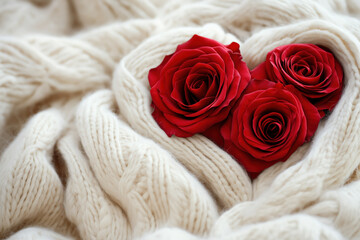 celebrate mothers valentines day wedding with heart shaped red roses on top of white knitted fabric, love, elegant, romantic, bokeh, photorealistic