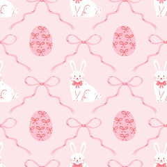 Coquette seamless Easter pattern with bows and ribbons. Hand drawn cute bunny and eggs decorated bows. Elegant girly print. Vintage design for fabric, wallpaper or wrapping paper.