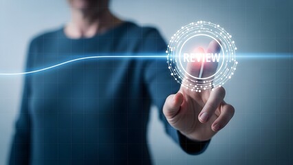 Hand pressing a virtual 'REVIEW' button, symbolizing digital evaluation, online feedback, and quality assessment in a futuristic interface