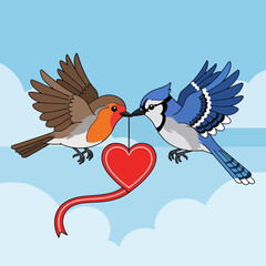 Fototapeta premium Two birds romantically sharing a heart shaped gift in the sky