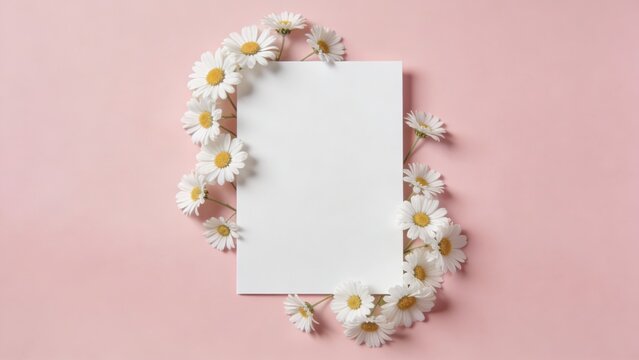 Blank vertical white paper framed by fresh daisy flowers on a light pink pastel background with soft natural lighting.