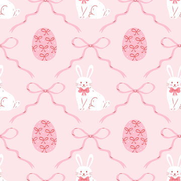 Coquette seamless Easter pattern with bows and ribbons. Hand drawn cute bunny and eggs decorated bows. Elegant girly print. Vintage design for fabric, wallpaper or wrapping paper.