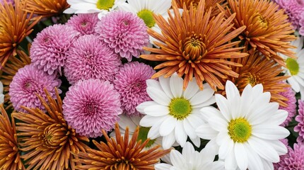 Vibrant pink pompom, orange spider, and white daisy chrysanthemums blooming closely together in a detailed close-up with bright natural light.