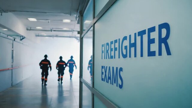Firefighters taking physical tests during the firefighter exams. Competitive exams.