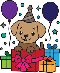 Obraz premium Adorable cartoon puppy in a striped party hat popping out of a giant red gift box, surrounded by colorful presents, balloons, and confetti, celebrating a joyful birthday.