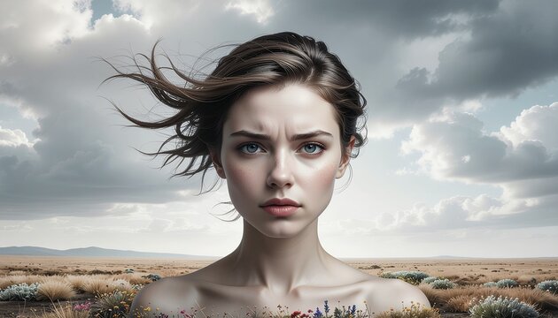 Woman with frowning face stands in a vast cloudy landscape with flowers