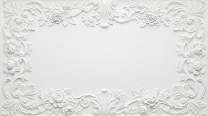 Decorative baroque floral bas-relief plaster molding forms a luxurious frame around white background copy space with diffused lighting.