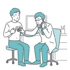 聴診器で異常を確認する男性医師（白衣・体調不良の男性患者）