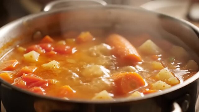Steaming vegetable stew in a pot close up cooking process