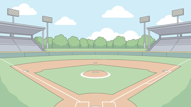 Empty baseball stadium field with green grass and grandstands under a blue sky, flat vector illustration of a sports park diamond arena