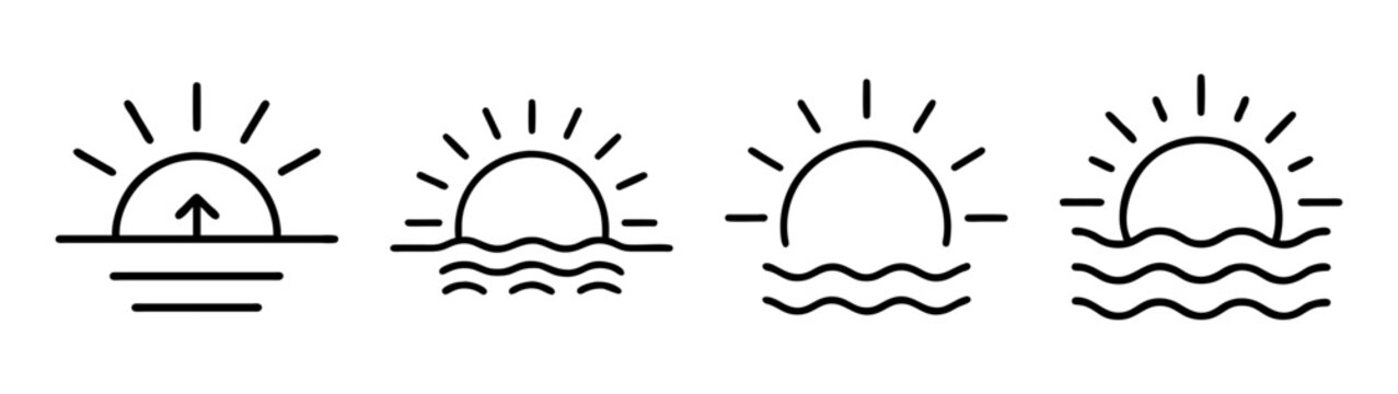 Sunrise over water vector illustration simple line art drawing nature landscape ocean sea waves sunbeam graphic