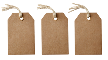 Three brown paper tags with string loops isolated on a transparent background 1