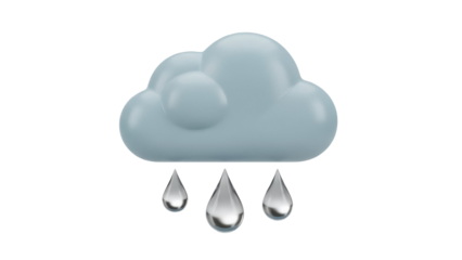Light blue cloud with raindrops isolated PNG on transparent background, weather forecast element for graphic design and decoration