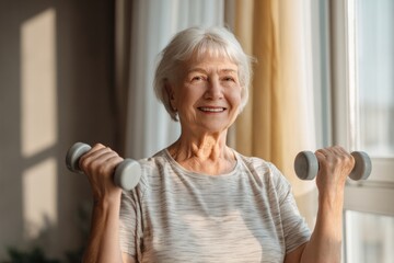 Cheerful senior woman exercising with dumbbells at home in the morning, active elderly lady lead a healthy lifestyle and doing morning workout