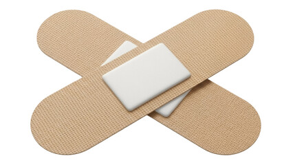 Two beige bandages crossed isolated PNG on transparent background, adhesive first aid plasters for wound care and medical treatment