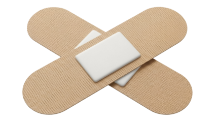 Two beige bandages crossed isolated PNG on transparent background, adhesive first aid plasters for wound care and medical treatment
