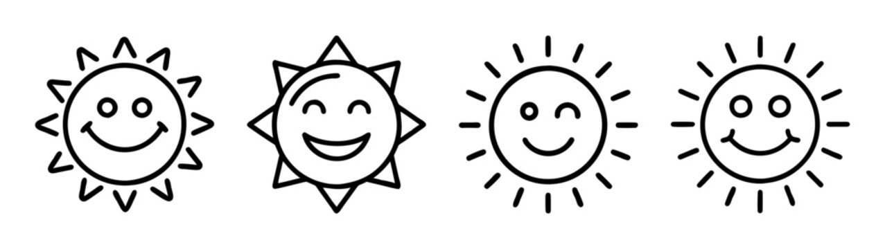 Cartoon suns vector illustration, sunshine doodle drawing, happy sun face clip art, summer sun icons