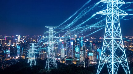 Electric transmission towers illuminating urban skyline at night high-tech visuals futuristic environment aerial viewpoint
