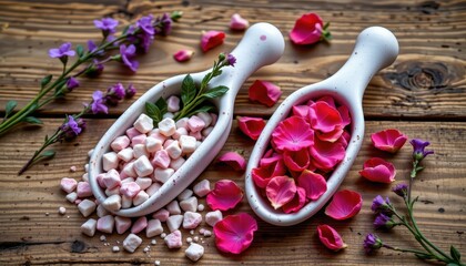 Beautiful Display of Pink Petals and Colorful Marshmallows in Rustic Wooden Setting with Fresh Herbs