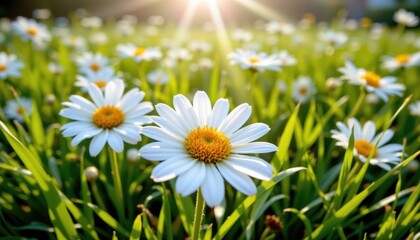 Bright Sunny Field of White Daisies with Green Grass Underneath Glowing Sunlight in Nature Scene