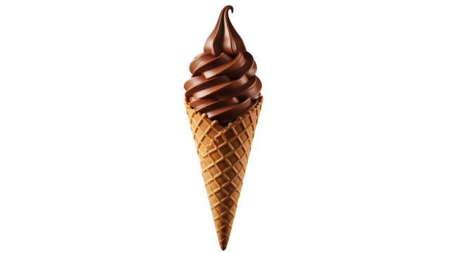 Delicious chocolate soft serve ice cream in a waffle cone isolated PNG, sweet treat for summer dessert and confectionery