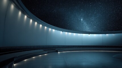 High Fidelity Render of an Empty Planetarium Stage with Wall Lighting
