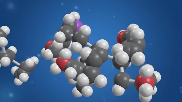 Molecular structure visualization with atoms and bonds on a blue gradient background.