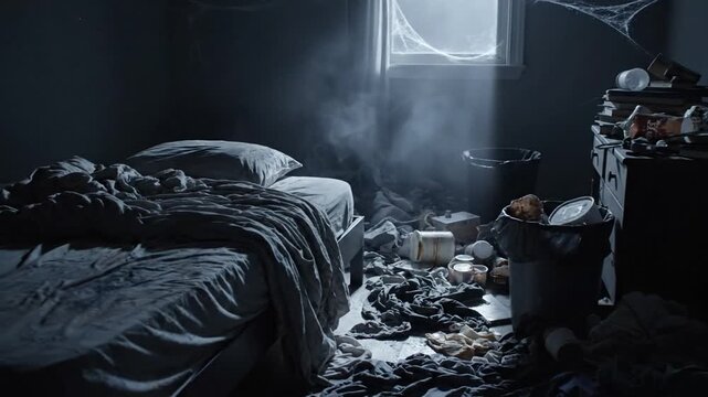 Dim, chaotic bedroom unmade bed, clothes strewn, trash on floor, and a pale window glow. in shadow