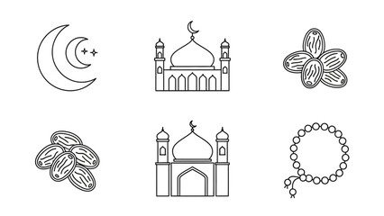 Collection of minimal line art Islamic symbols, featuring crescent moon, star, traditional mosque, prayer beads, and dates, ideal for religious and cultural designs