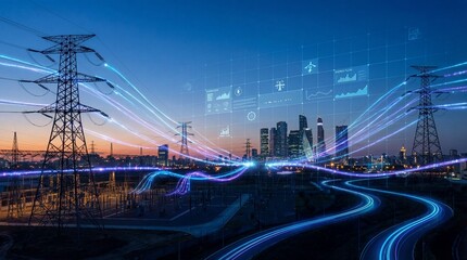 Dynamic energy transmission urban city landscape technology visualization evening skyline wide panoramic view