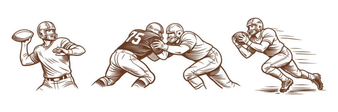 Set of American football players in action. Team sport, competition and athletic training concept. Vector illustration.  
