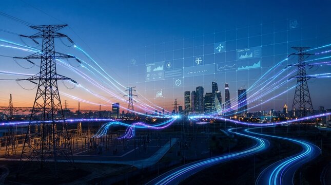 Dynamic energy transmission urban city landscape technology visualization evening skyline wide panoramic view - Powered by Adobe